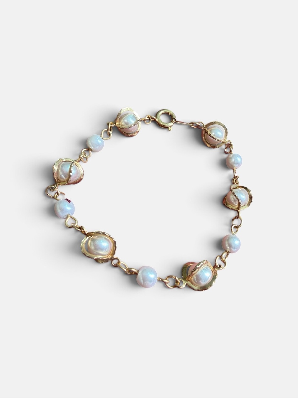 Vintage Gold-Tone Faux Pearl Link Bracelet, Scalloped Shell Settings